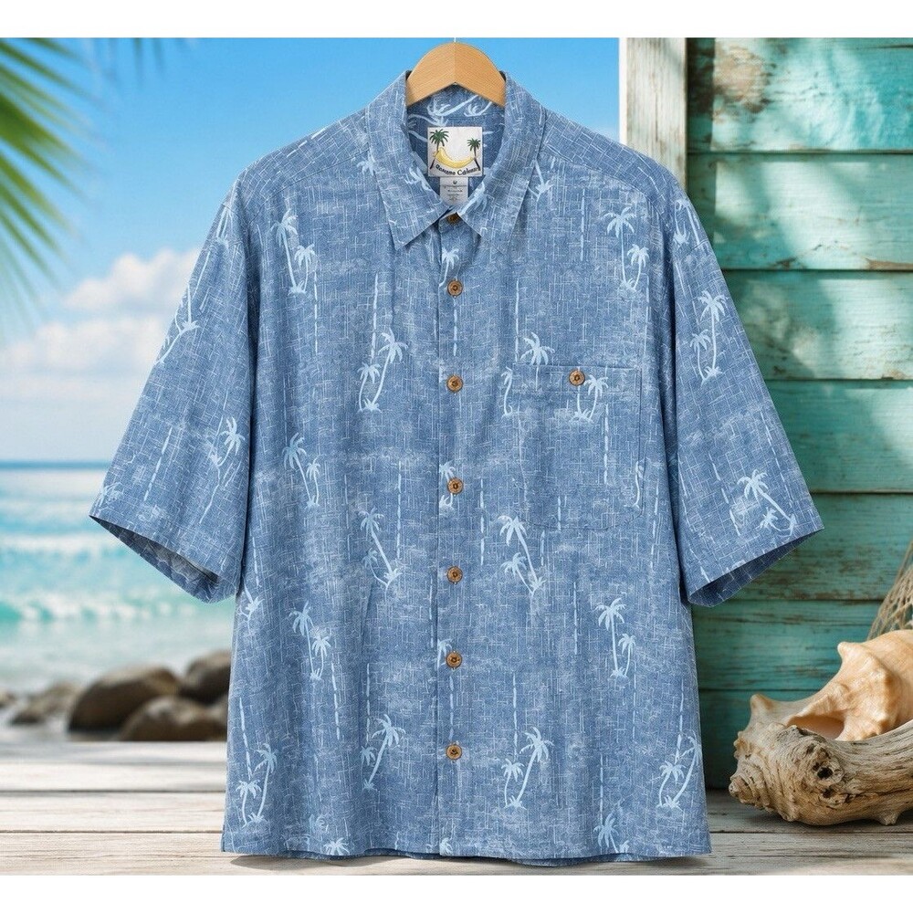 Banana Cabana Men's XXL Silk Short Sleeve Blue Palm Tree Hawaiian Button-Up